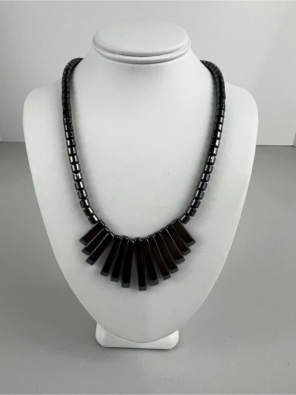 Vintage Hematite Graduated Fringe Statement Necklace - Dark Gray Gunmetal